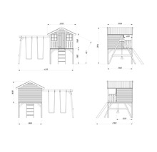 Technische Zeichnung eines Spielhauses mit Schaukel und Rutsche mit Maßangaben