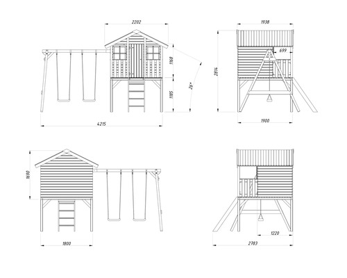Technische Zeichnung eines Spielhauses mit Schaukel und Rutsche mit Maßangaben