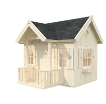 Spielhaus aus Holz mit Veranda und Fensterläden