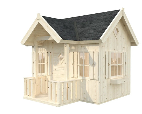 Spielhaus aus Holz mit Veranda und Fensterläden