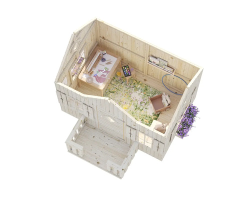 Innenraum eines Holzspielhauses mit Basteltisch, Spielzeug und Blumenkasten