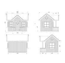 Technische Zeichnung eines Gartenhauses mit Maßangaben.