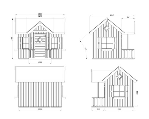 Technische Zeichnung eines Gartenhauses mit Maßangaben.