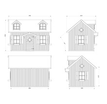 Technische Zeichnung eines Gartenhauses mit Maßangaben