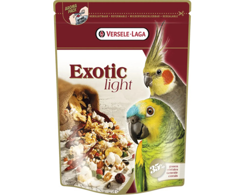 Versele-Laga Exotic Light Vogelfutter Packung mit Zutaten und Papageienbildern