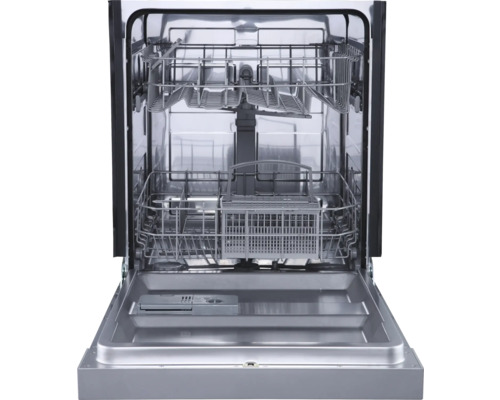 Offene Geschirrspülmaschine mit Innenraum und Geschirrkörben.