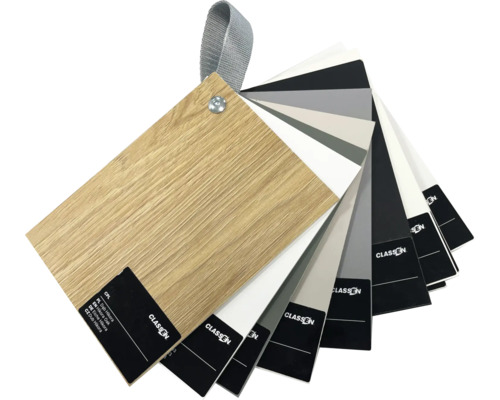 Classen Farbmusterkollektion mit Holzdekor und Grautönen