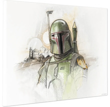 Illustration von Boba Fett mit Helm und Rüstung vor einer Wüstenlandschaft