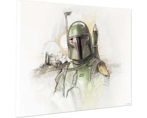 Illustration von Boba Fett mit Helm und Rüstung vor einer Wüstenlandschaft