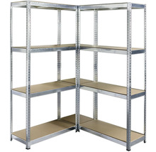 Zwei verzinkte Eckregale mit mehreren Regalböden.