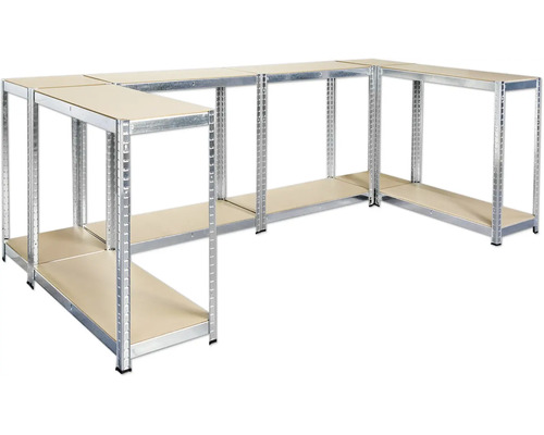 Eckregalsystem mit Metallrahmen und Regalböden