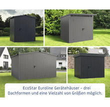 Collage von EcoStar Euroline Gerätehäusern mit verschiedenen Dachformen und Größen.