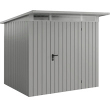 Grauer Geräteschuppen aus Metall mit Tür