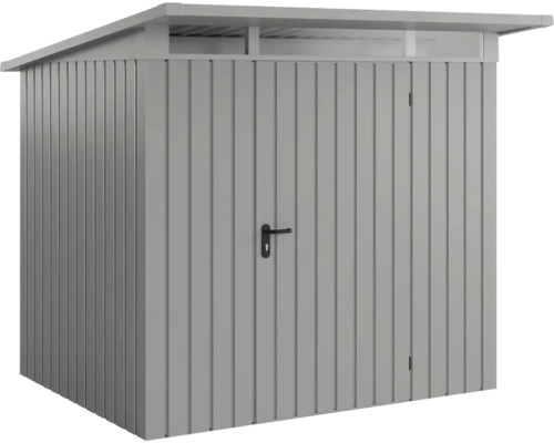 Grauer Geräteschuppen aus Metall mit Tür
