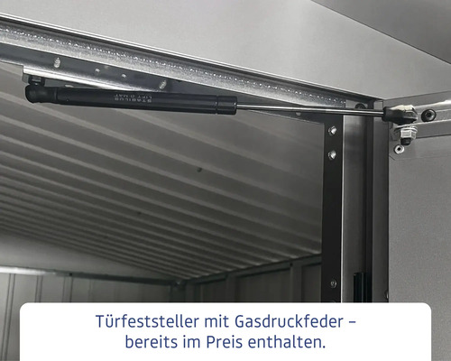 Türfeststeller mit Gasdruckfeder in einem Metallgartenhaus