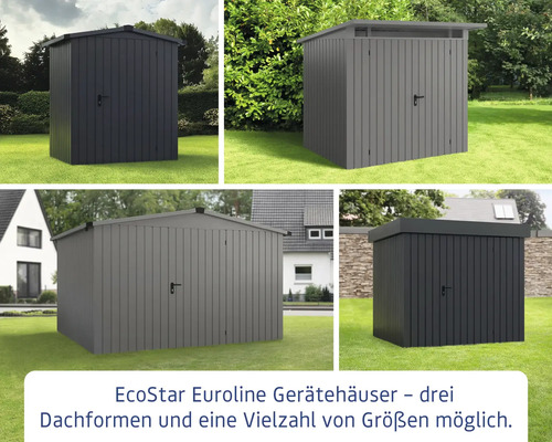 Collage von EcoStar Euroline Gerätehäusern mit verschiedenen Dachformen und Größen.