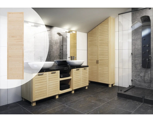 Profiltür Kiefer geschlossen 199,5 x 39,4 x 2 cm, Lamellen Stärke 8 mm Badezimmer mit Waschtisch, Spiegel, Ablage und Dusche aus hellem Holz