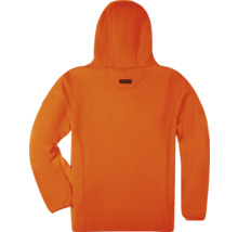 Orangefarbene Fleecejacke mit Kapuze, Rückansicht.