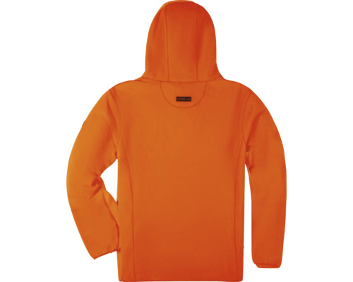 Orangefarbene Fleecejacke mit Kapuze, Rückansicht.