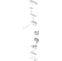 Explosionszeichnung eines Beschlagsatzes mit Schrauben und Werkzeug