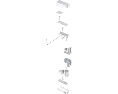 Explosionszeichnung eines Beschlagsatzes mit Schrauben und Werkzeug