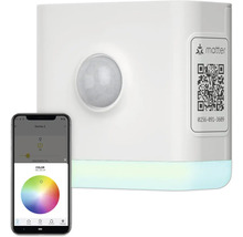 Weißer Bewegungsmelder mit Matter Logo und Smartphone App zur Helligkeits- und Farbanpassung.