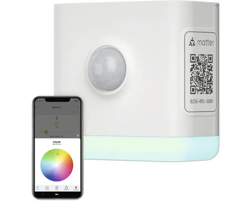 Weißer Bewegungsmelder mit Matter Logo und Smartphone App zur Helligkeits- und Farbanpassung.