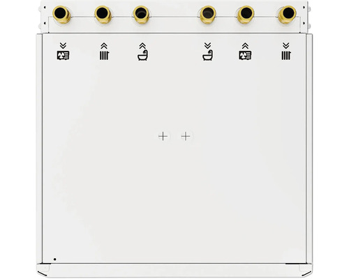Heizkreisverteiler mit Anschlüssen und Symbolen für Heizkörper, Fußbodenheizung und Badewanne