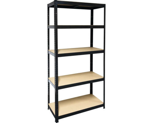 Schwarzes Metallregal mit fünf Ebenen zur Lagerung