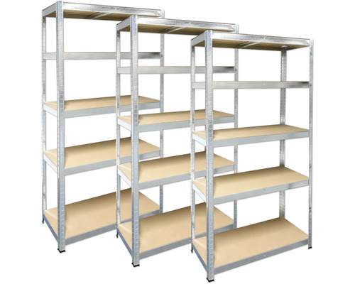 Drei Metallregale mit Holzböden für Lagerzwecke