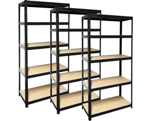 Drei Metallregale mit Regalböden