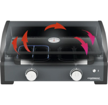 Campingaz Gasgrill mit Temperaturanzeige und rotierenden Pfeilen zur Darstellung der Wärmeverteilung