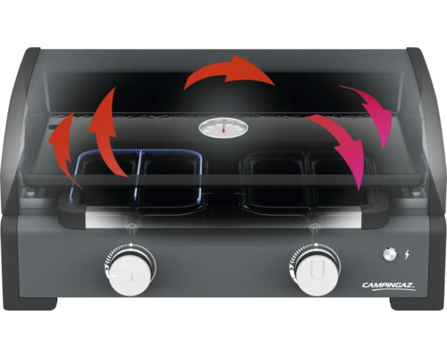 Campingaz Gasgrill mit Temperaturanzeige und rotierenden Pfeilen zur Darstellung der Wärmeverteilung