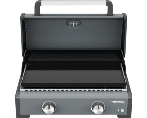 Campingaz Gasgrill mit offener Abdeckung und Grillplatte