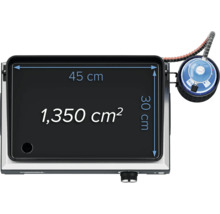 Grillfläche mit Abmessungen: 45 cm Breite, 30 cm Länge, Gesamtfläche 1350 cm²