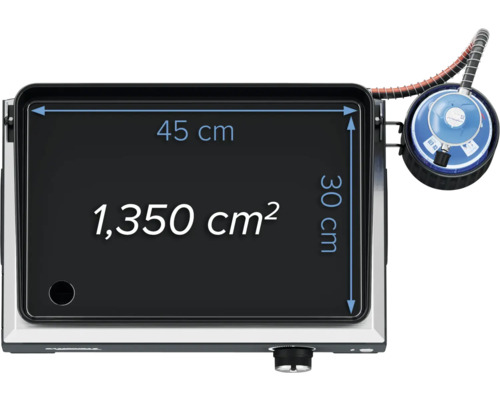 Grillfläche mit Abmessungen: 45 cm Breite, 30 cm Länge, Gesamtfläche 1350 cm²