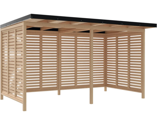 Holzunterstand mit Lamellenwänden und schwarzem Dach