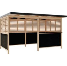 Holz Pavillon mit Lamellenwänden und schwarzem Sockel