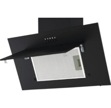 Schwarze Dunstabzugshaube mit geöffneter Klappe und Metallfilter