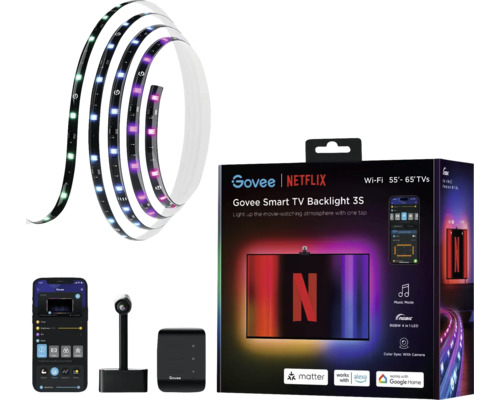 Govee Smart TV Hintergrundbeleuchtung 3S für Fernsehgeräte mit einer Bildschirmdiagonale von 140 bis 165 cm mit LED Streifen, Kamera und Steuerung