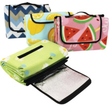 Vier Picknickdecken mit Tragegriffen und verschiedenen Mustern