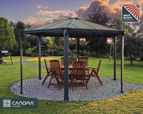 Pavillon mit Tisch und Stühlen im Garten