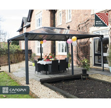 Aufgebauter Pavillon mit Tisch und Stühlen im Garten mit Heat Block Technology Siegel