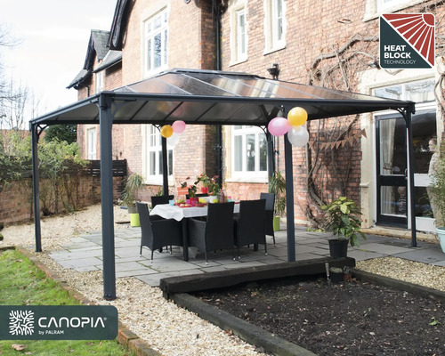 Aufgebauter Pavillon mit Tisch und Stühlen im Garten mit Heat Block Technology Siegel