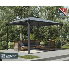 Gartenszene mit einem Pavillon inklusive Heat Block Technologie und der Canopia by Palram Logo.