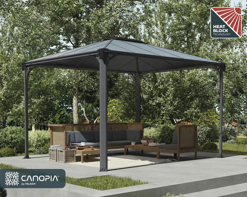 Gartenszene mit einem Pavillon inklusive Heat Block Technologie und der Canopia by Palram Logo.