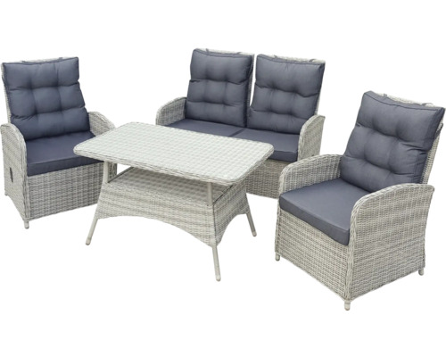 Gartenmöbel Set Bellavista Monte Carlo 4 teilig grau inkl. Sitzkissen Gartenmöbelset mit Tisch, Zweisitzerbank und zwei Sesseln aus Rattan