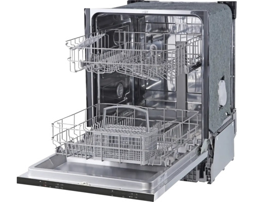 Offener Geschirrspüler mit Besteckkörben und Geschirrkörben