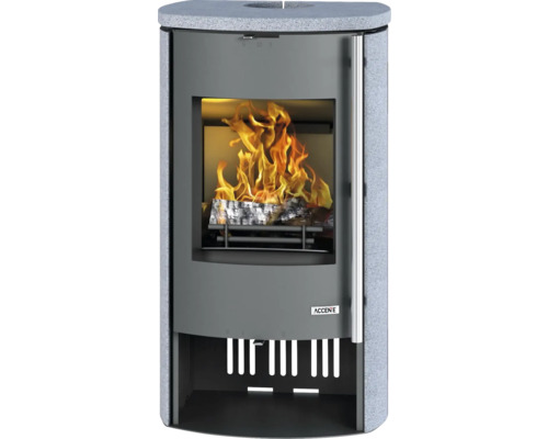 Kaminofen mit Holzfeuer und Accente Logo