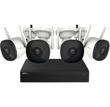Imou Überwachungskamera-Set bestehend aus vier weißen kabellosen Kameras und einem schwarzen Netzwerk-Videorekorder.